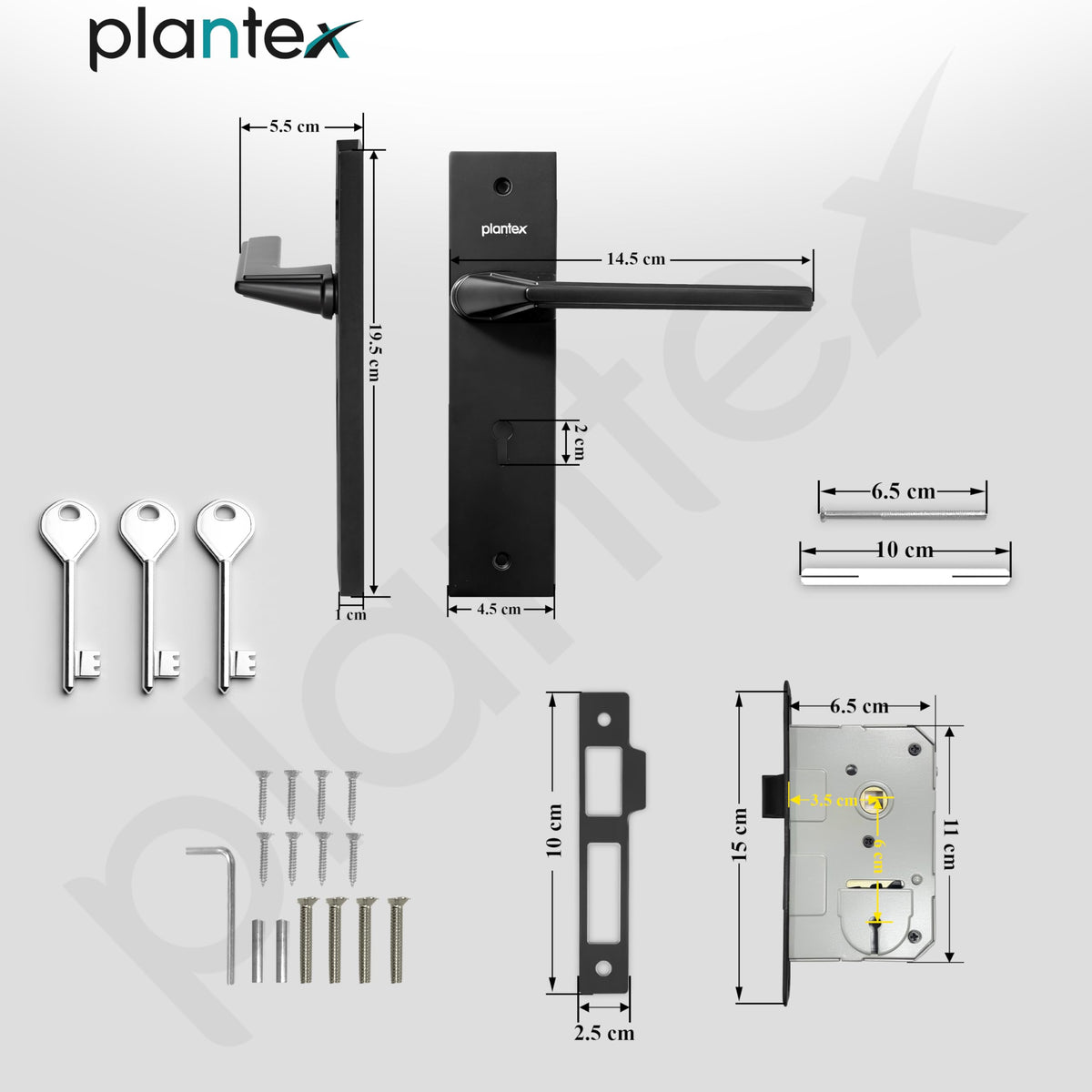 Plantex Heavy-Duty Door Lock Set - Main Door Lock Handle Set/ 6-Lever Lock Mechanism with 3 Years of Warranty/Mortise Lock with 3 Keys, Brass Lockbody (Z-Black)-6