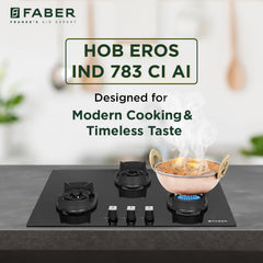 Faber 3 Burner 78cm Eros Hob |Auto-Ignition|Metal Knobs| Cast Iron Pan Support |Hob/Cooktop Hybrid| Black Glass Finish |