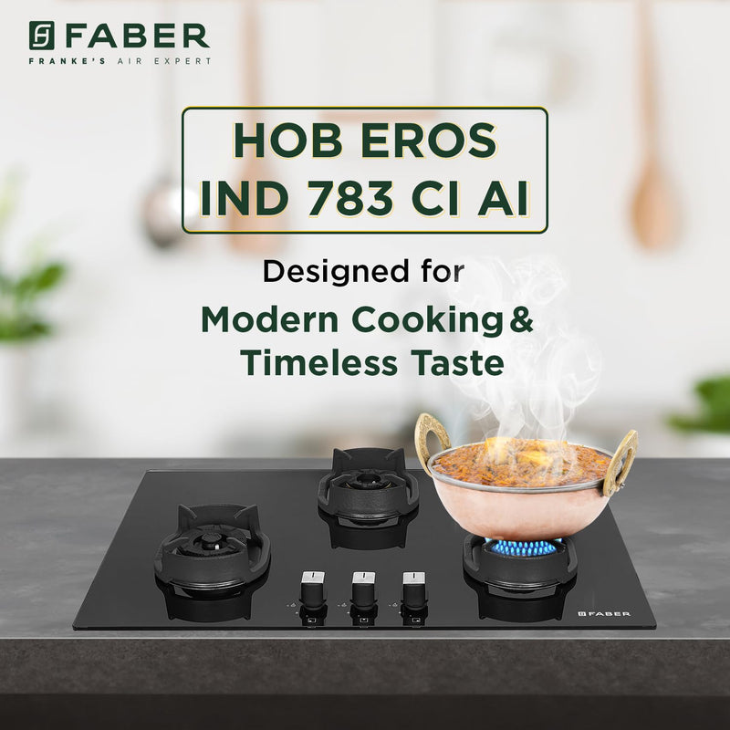 Faber 3 Burner 78cm Eros Hob |Auto-Ignition|Metal Knobs| Cast Iron Pan Support |Hob/Cooktop Hybrid| Black Glass Finish |