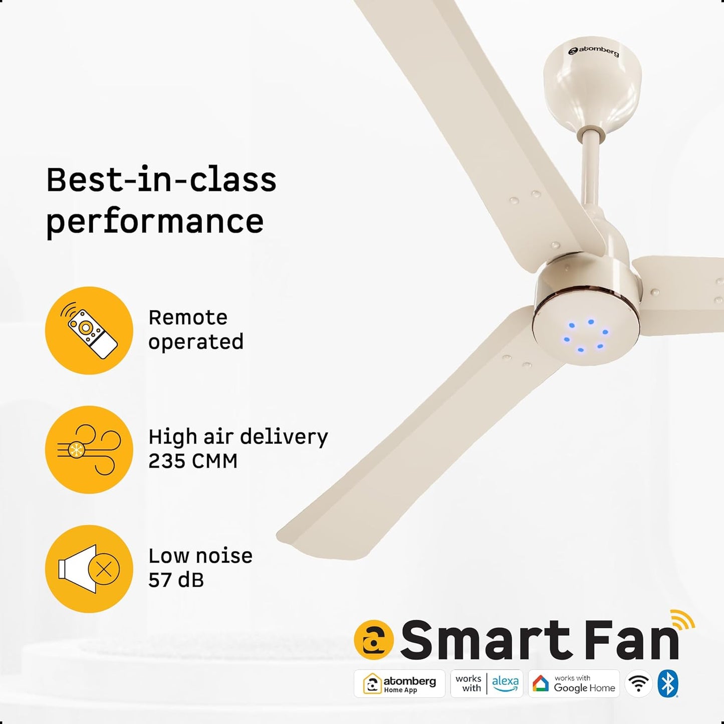 atomberg Renesa Halo Smart Alexa Enabled 1200mm BLDC Ceiling Fan with Remote | BEE 5 star | High Air Delivery | Low noise | LED Speed Indicator | Sleek Design | | 3 Year Warranty| Seasand Ivory