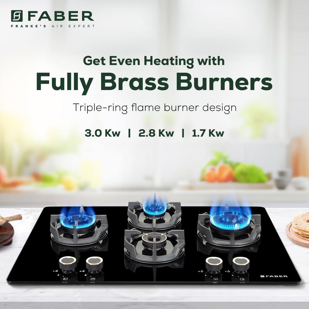 Faber 75Cm 4 Burner Hybrid Hob/Cooktop|Auto Ignition|Brass Burner|Flame Failure Device|Glass Matt Finish|Metal Knob|1Yea