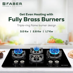 Faber 75Cm 4 Burner Hybrid Hob/Cooktop|Auto Ignition|Brass Burner|Flame Failure Device|Glass Matt Finish|Metal Knob|1Yea