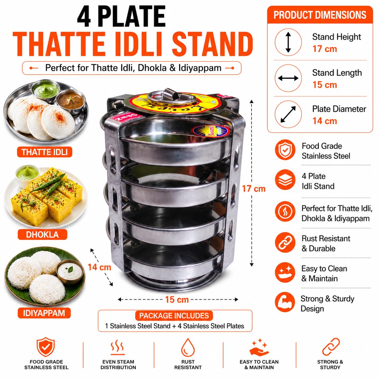 Thatte Idli Maker Stainless Steel | dhokla maker | idiyappam, pan cake maker | 4 plates with heavy stand