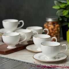 Clay Craft Fine Ceramic Julie Impression Cup & Saucer Set Of 12 (6 Cups+6 Saucers)- 170 Ml Each- Elegant Design For Home And Kitchen And Can Be Gifted To Your Loved Ones On Any Occassions (White-1401)