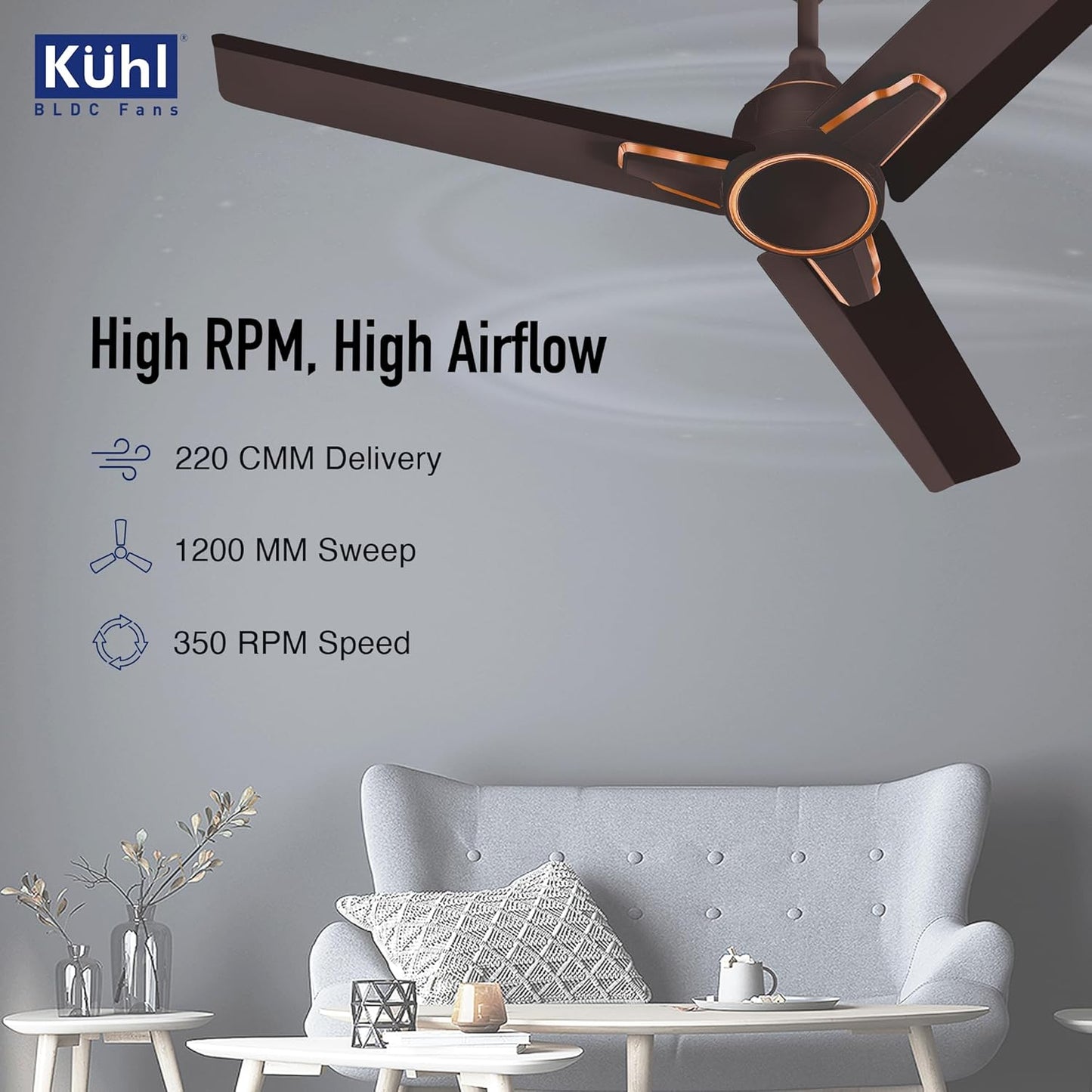 KUHL Arctis A1 1200 mm BLDC 65% Power Saving BLDC Ceiling Fan With Remote | BEE 5 Star Rated & ISI Marked | High Air Flow | 5 Year Warranty on Motor | Espresso Brown