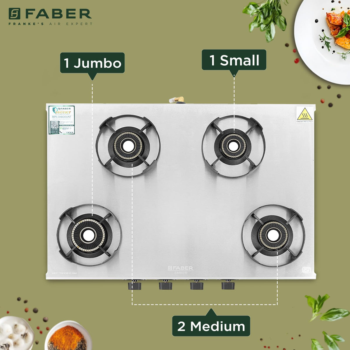 Faber Ember Stainless Steel Cooktop | 4 Brass Burners (Jumbo, 2Medium & Small |Manual Ignition | Diamond-Coated Pan Supp