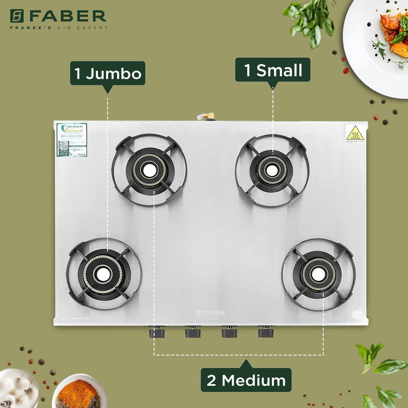 Faber Ember Stainless Steel Cooktop | 4 Brass Burners (Jumbo, 2Medium & Small |Manual Ignition | Diamond-Coated Pan Supp