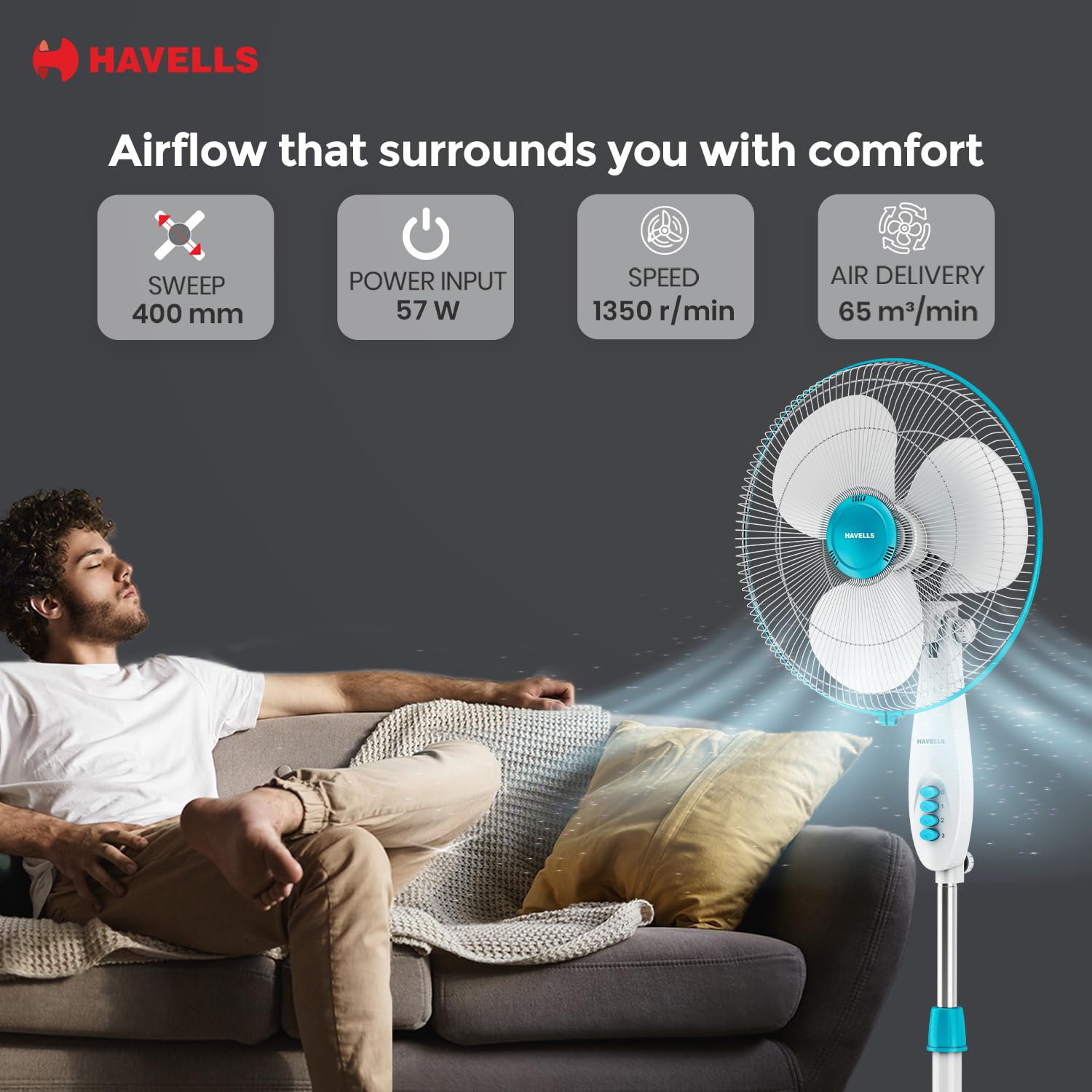 Havells Gatik Pro 400mm Pedestal Fan| 120 Ribs Guard for Safety| Smooth Oscillation| Heavy Base| ISI Marked | 2 Year Warranty | Blue
