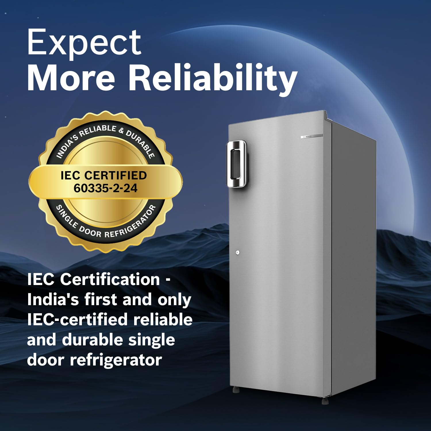 Bosch 187 L, 4 Star, Single Door Refrigerator with Industry's largest vegetable box* & Beverage space (CST18S24NI, Fine steel) 18 Hr Cooling Retention, 2.5x Faster Cooling, Smart inverter compressor