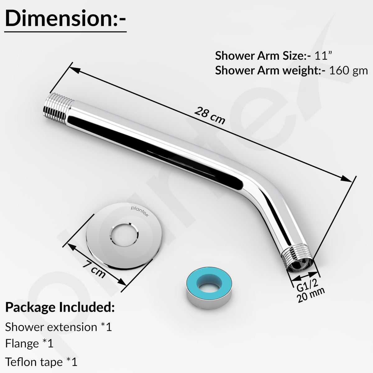 Plantex 11-Inch Round Bend Shower Arm for Overhead Shower/Stainless Steel Shower Pipe/Wall Mount Bathroom Fitting with 1⁄2-Inch Thread - Pack of 1 (Chrome)-4