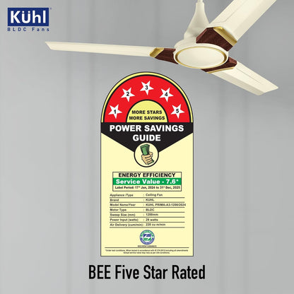 KUHL Prima A3 1200mm BLDC Ceiling Fan with Remote | INR 300 Off on Exchange | 5-Star Rated | High Airflow | Saves up to 65% Electricity | 5-Year Warranty | Ivory