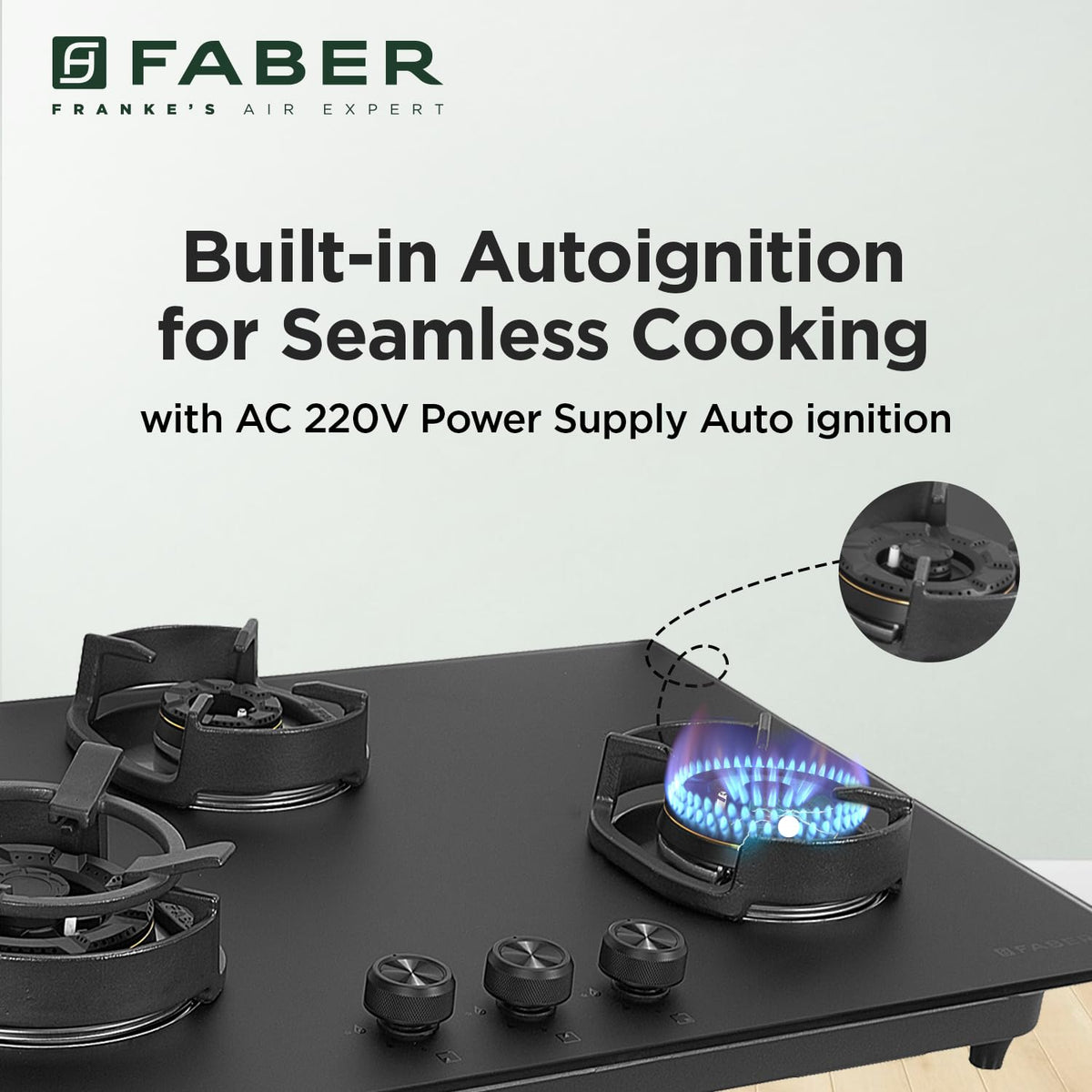 Faber Della 3 Burner 78cm Hob With Auto-Ignition, Brass Burner, Cast Iron Pan Support, Cooktop Hybrid, Matt Black Glass 