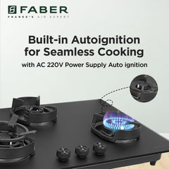 Faber Della 3 Burner 78cm Hob With Auto-Ignition, Brass Burner, Cast Iron Pan Support, Cooktop Hybrid, Matt Black Glass 