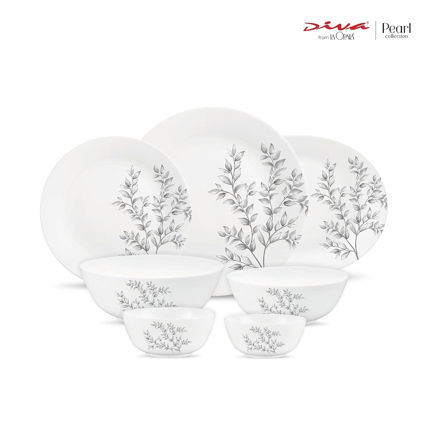 Diva by La Opala, Pearl Collection, Opal Glass Dinner Set 28 pcs, Dusky Vines, White