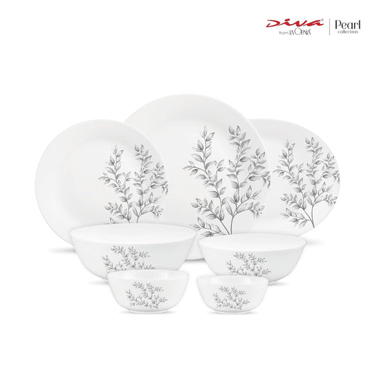 Diva by La Opala, Pearl Collection, Opal Glass Dinner Set 28 pcs, Dusky Vines, White