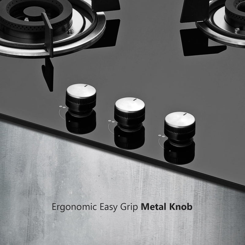 KAFF HBR 783 Built-in Hob/Hobtop 3 Burners, Auto Electric Ignition Glass Top, 78 CM, Powerful Brass Burners, 8 MM Thick Toughened Glass, Enamelled Matt Grills (Black)
