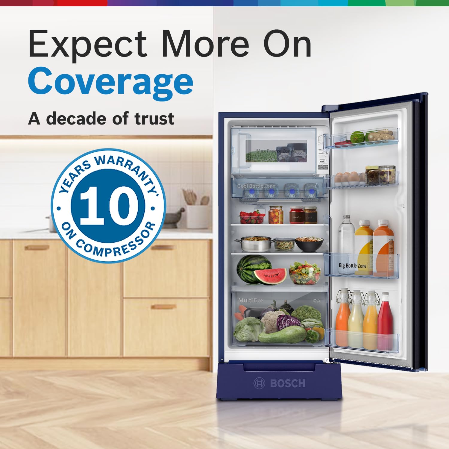 Bosch 187 L, 3 Star, Single Door Refrigerator with Industry's largest base drawer, vegetable box* & Beverage space (CST18B33PI, Feather Blue) 18 Hr Cooling Retention, 2.5x Cooling, inverter compressor