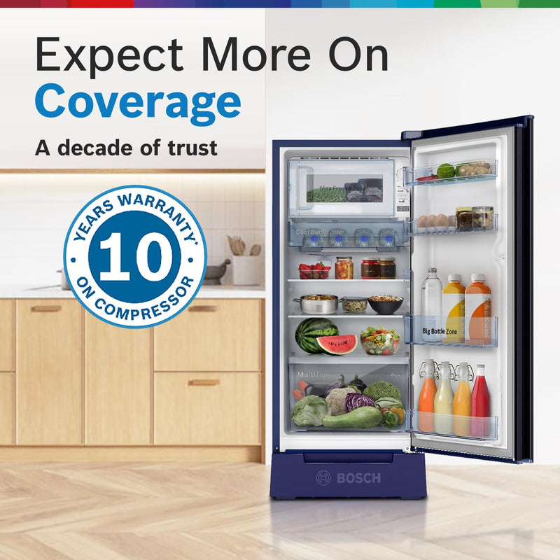 Bosch 187 L, 3 Star, Single Door Refrigerator with Industry's largest base drawer, vegetable box* & Beverage space (CST18B33PI, Feather Blue) 18 Hr Cooling Retention, 2.5x Cooling, inverter compressor