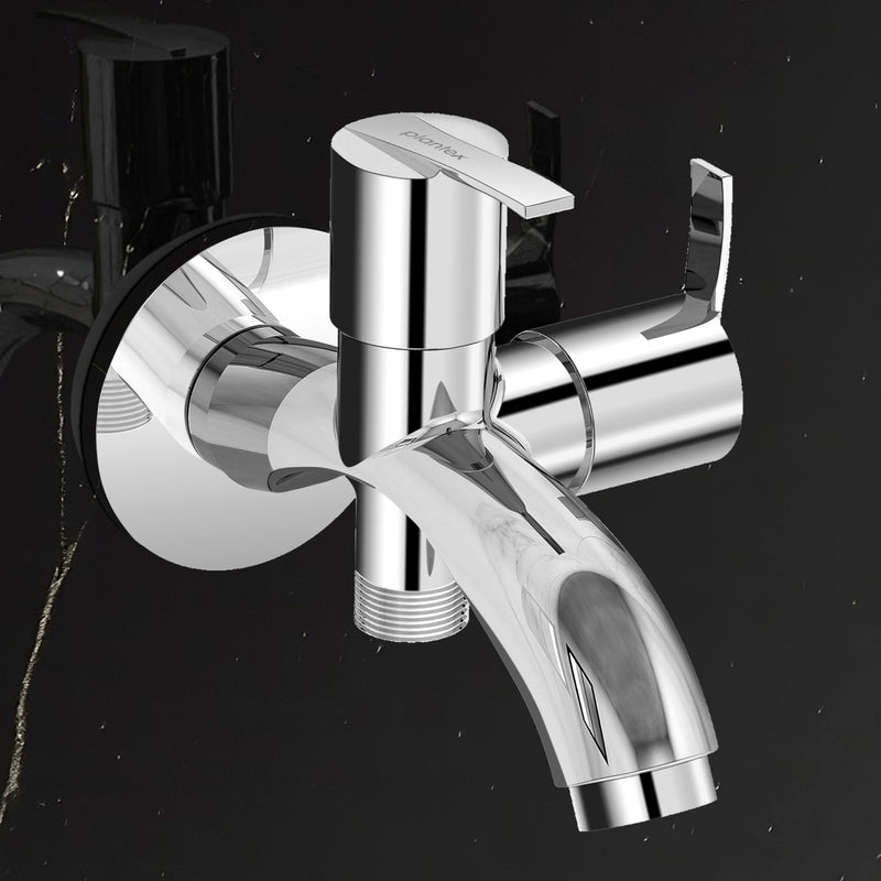 Plantex Pure Brass 2 in 1 Tap for Washing Machine with Water Saving Nozzle for Kitchen Tap/2-Way Bib Cock with Brass Wall Flange & Teflon Tape -7 Year Warranty (AQ-1407-Chrome)-1