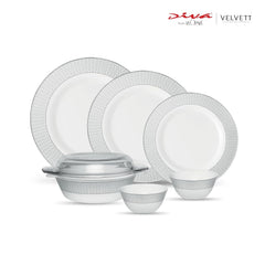La Opala Diva Velvett Collection Opal Glass Crockery | for Family of 6 | Dinner Set 35 pcs Stella Grey | Plates & Bowls for Dining | Microwave Safe | 100% Vegetarian | Extra Strong | Light & White