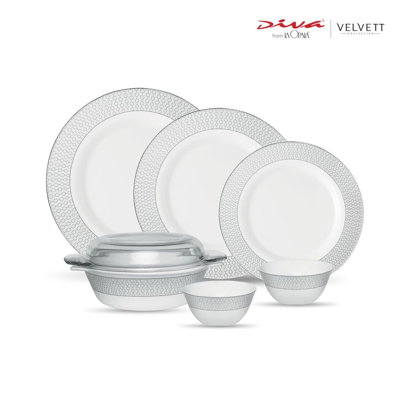La Opala Diva Velvett Collection Opal Glass Crockery | for Family of 6 | Dinner Set 35 pcs Stella Grey | Plates & Bowls for Dining | Microwave Safe | 100% Vegetarian | Extra Strong | Light & White