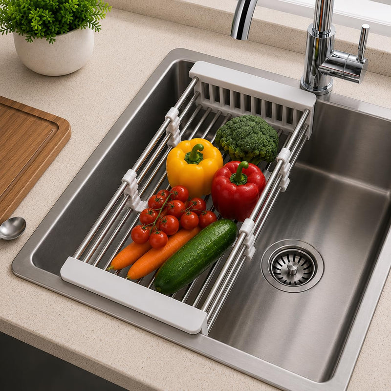 Plantex Sink Strainer Basket/Stainless Steel & ABS Plastic Vegetable Washing Sink Strainer/Kitchen Storage Rack Stand- Pack of 1 (White)-1