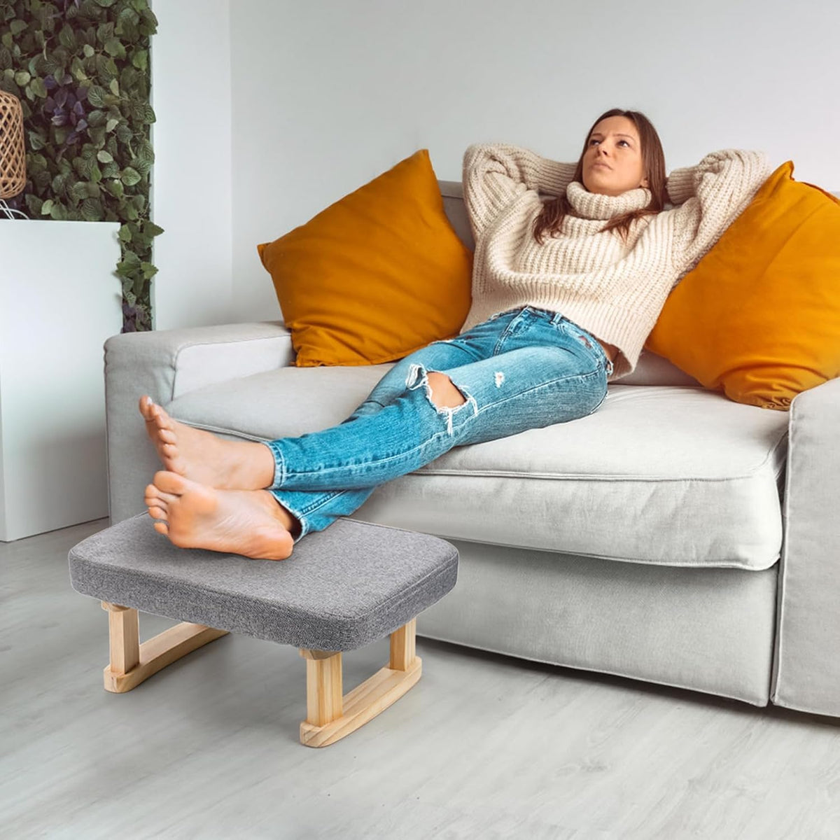 Small Footstool Ottoman, Rectangle Fabric Foot Stool Rest with Wooden Legs and Non-Slip Soft Padding, for Couch