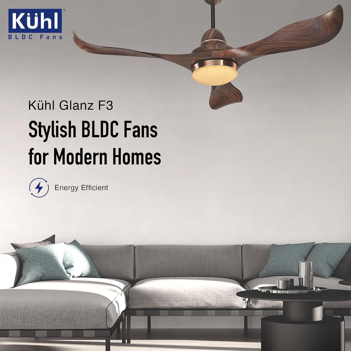KUHL Glanz F3 1320mm Stylish Power Saving BLDC Ceiling Fan With Remote | Down Light | 30W | 5 Star | IoT - Operate Via Mobile&Alexa | Reverse Mode | Free Installation |Teak