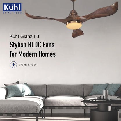 KUHL Glanz F3 1320mm Stylish Power Saving BLDC Ceiling Fan With Remote | Down Light | 30W | 5 Star | IoT - Operate Via Mobile&Alexa | Reverse Mode | Free Installation |Teak