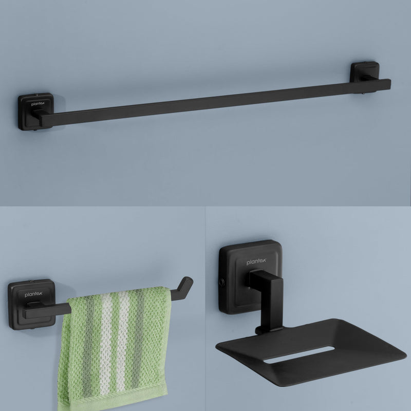 Plantex 304 Grade Stainless Steel Towel Rod/Napkin Hanger for Wash Basin/Soap Holder/Bathroom Accessories, Set of 3 (Black) Decan-1