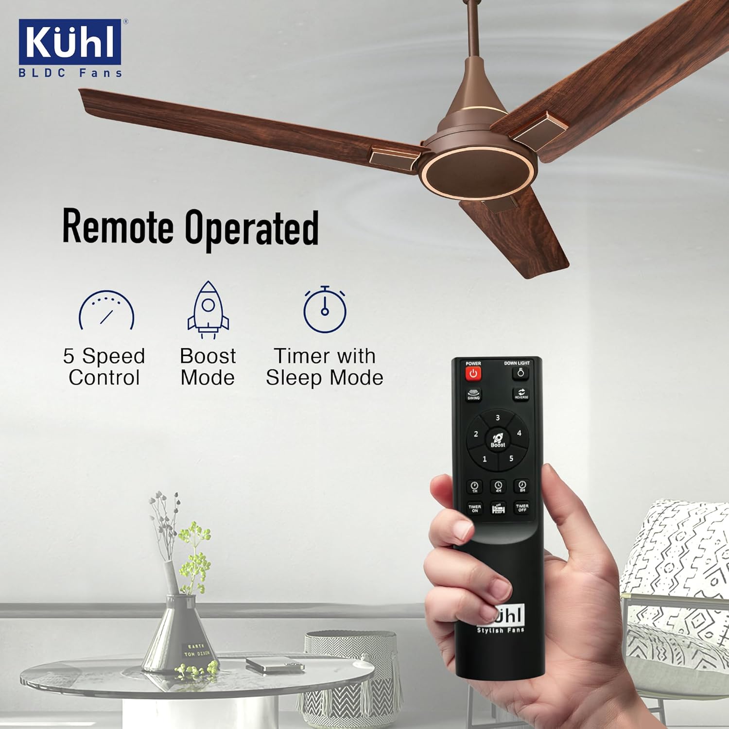 KUHL Prima A5 1200Mm Bldc Ceiling Fan With Remote | Inr 300 Off On Exchange | 5 Star Rated | High Airflow | Saves Up To 65% Electricity | 5-Year Warranty | Teak