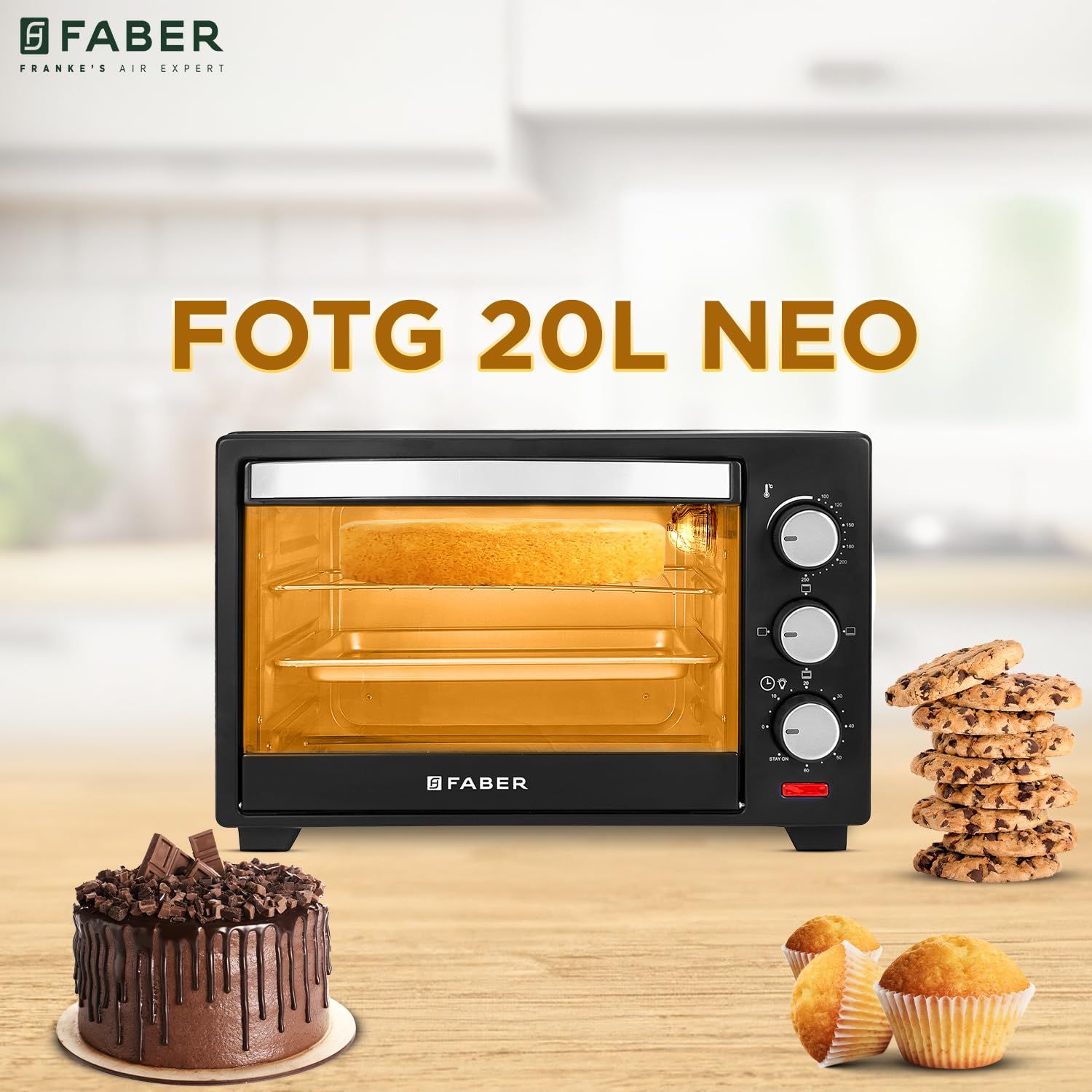 Faber FOTG 20L Neo|1400 Watts OTG|Bake,Toast, Grill| 4 Stage Functions,Upper & Lower Heating|Cool-Touch Handle, Heat Resistant Glass, Indicator Light, Auto-Shut, Ready Bell| Removable Crumb Tray