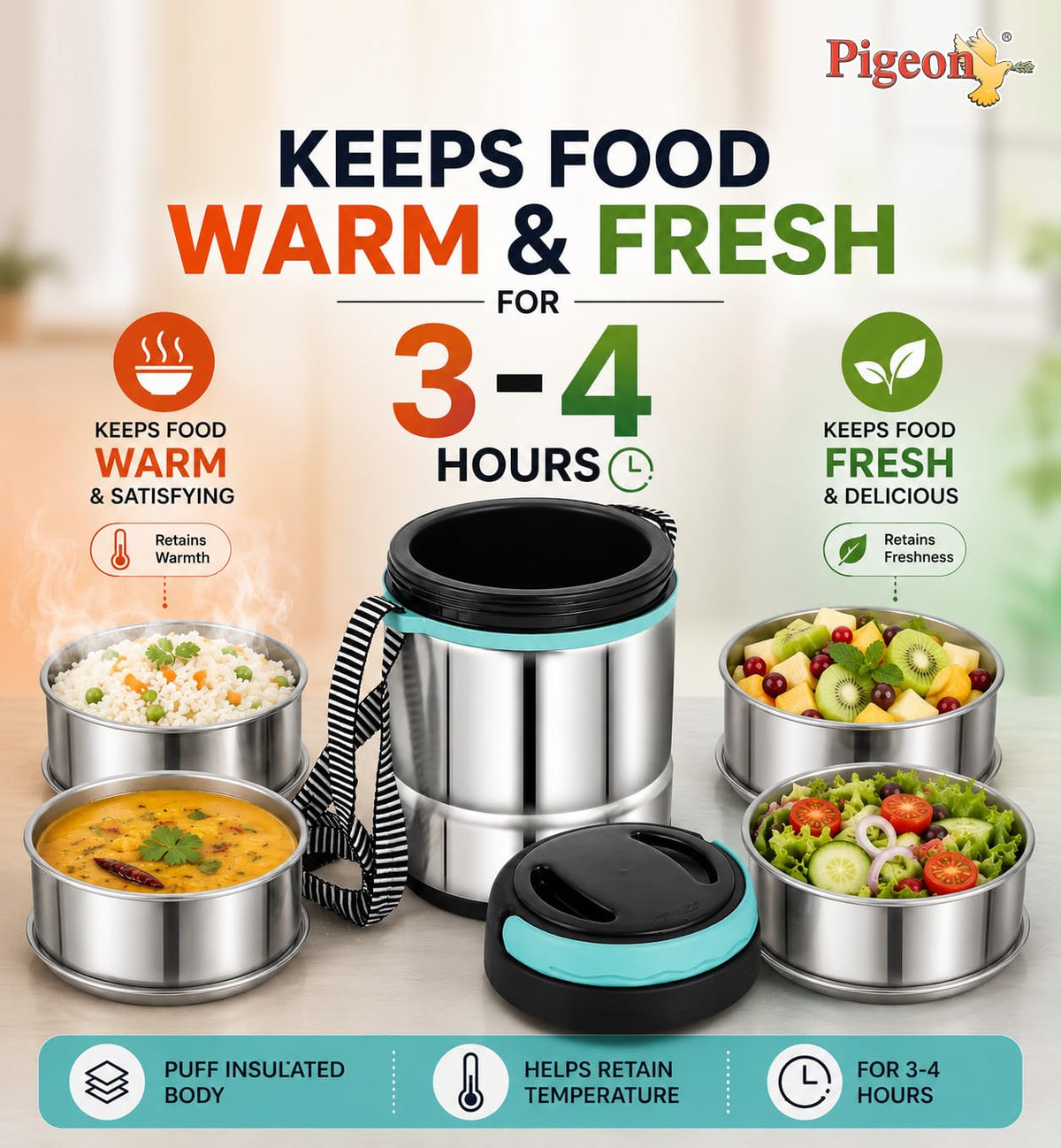 Pigeon HotBite Stainless Steel Insulated Lunch Box with 320 ml Food Containers, Hot and Cold