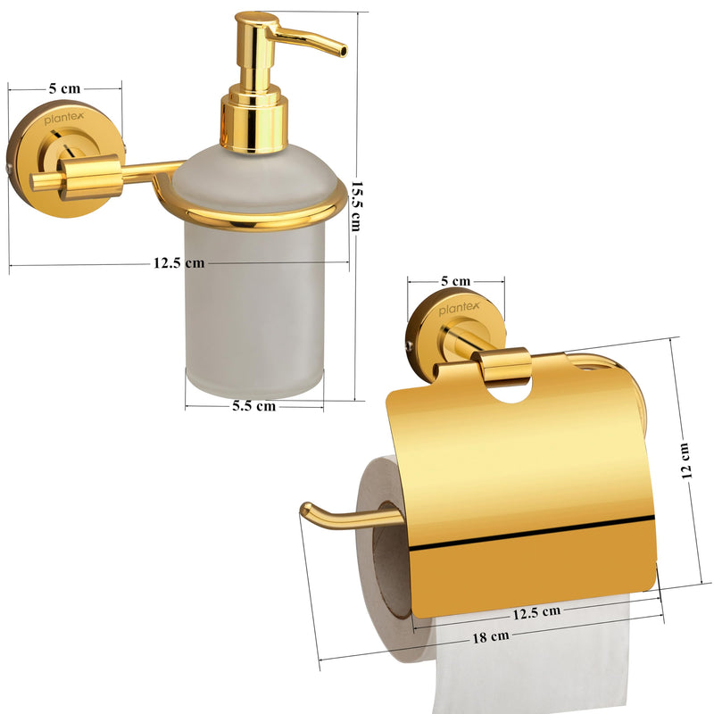 Plantex 304 Grade Stainless Steel Washroom Set of 2 - Toilet Paper Holder/Stand/Liquid Soap Dispenser - Daizy (Golden)-2