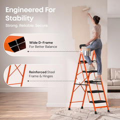 BonKaso Climb Easy 5 Step Heavy Duty Steel Folding Climbing Ladder for Home, Home & Office – with Safety Lock, Anti-Slip Wide Steps, Support Handle & Tool Tray (Orange & Black)