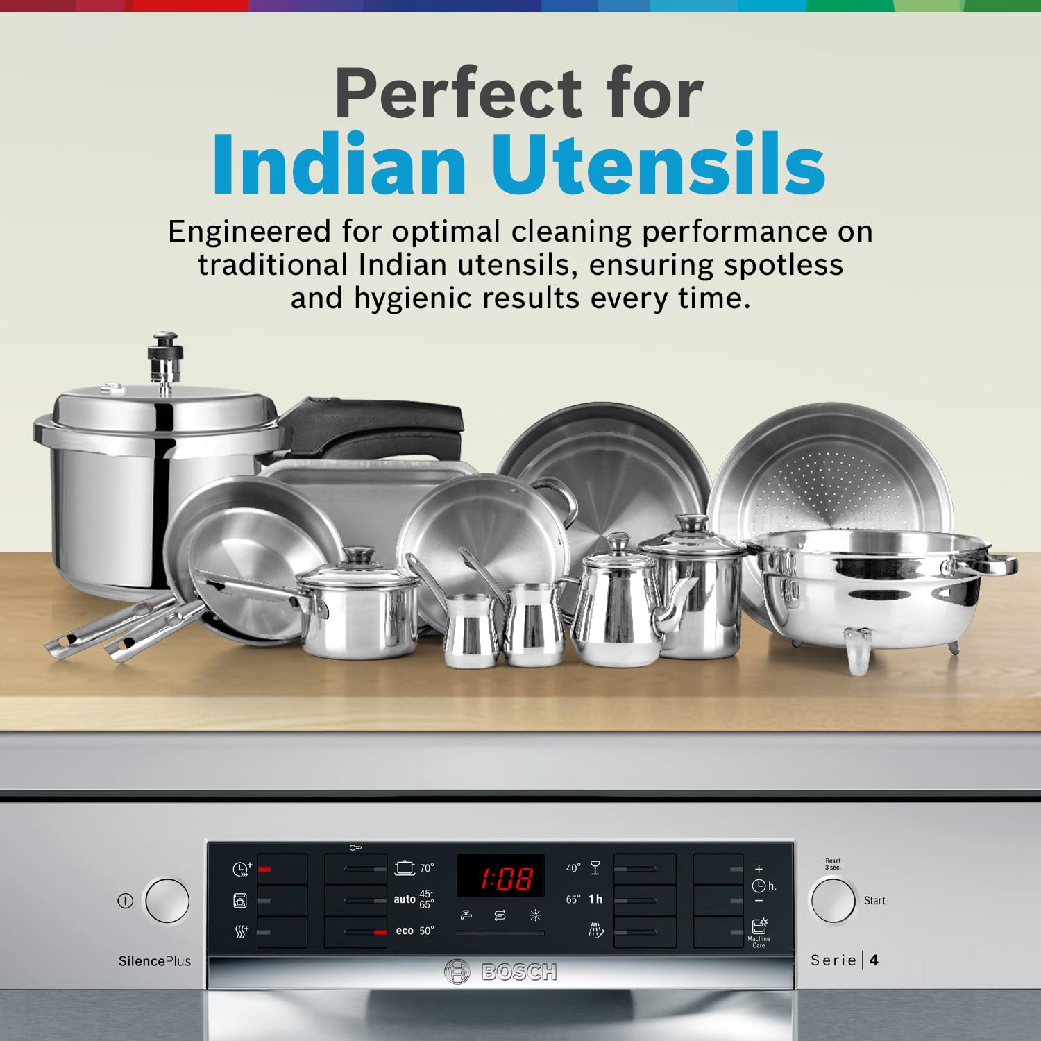 Bosch 14 Place Setting Dishwasher with Intensive Kadhai Program, 70⁰ Hot water wash, 3-Stage Adjustable Upper Rack, No Pre-Rinse (SMS46KI03I, Silver, Glass Protection Technology)