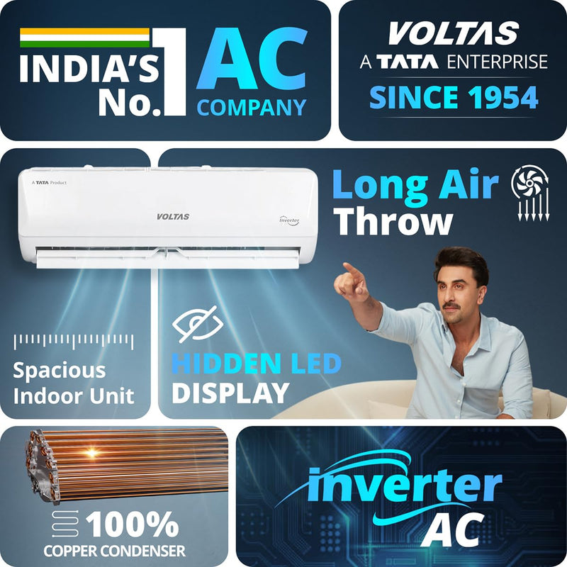 Voltas 2 ton 3 Star,New star rated, Inverter Split AC (Copper, Convertible 5-in-1 Cooling Mode, 2-Way Air Swing, Anti-dust Filter with Anti Microbial Coating, Auto Clean, (243INV CAM, White)