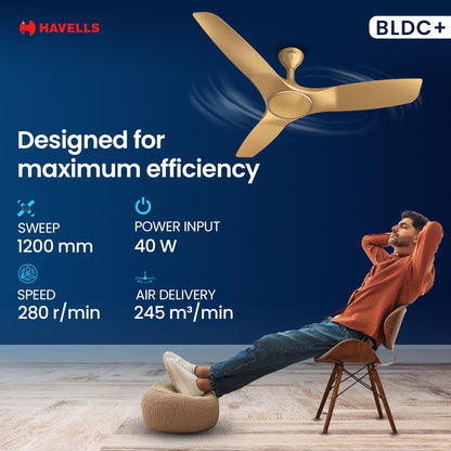 Havells 1200mm Stealth Air BLDC Motor Ceiling Fan | Remote Controlled, High Air Delivery Fan | 5 Star Rated, Upto 60% Energy Saving, 2 Year Brand Warranty | (Pack of 1, Champagne)