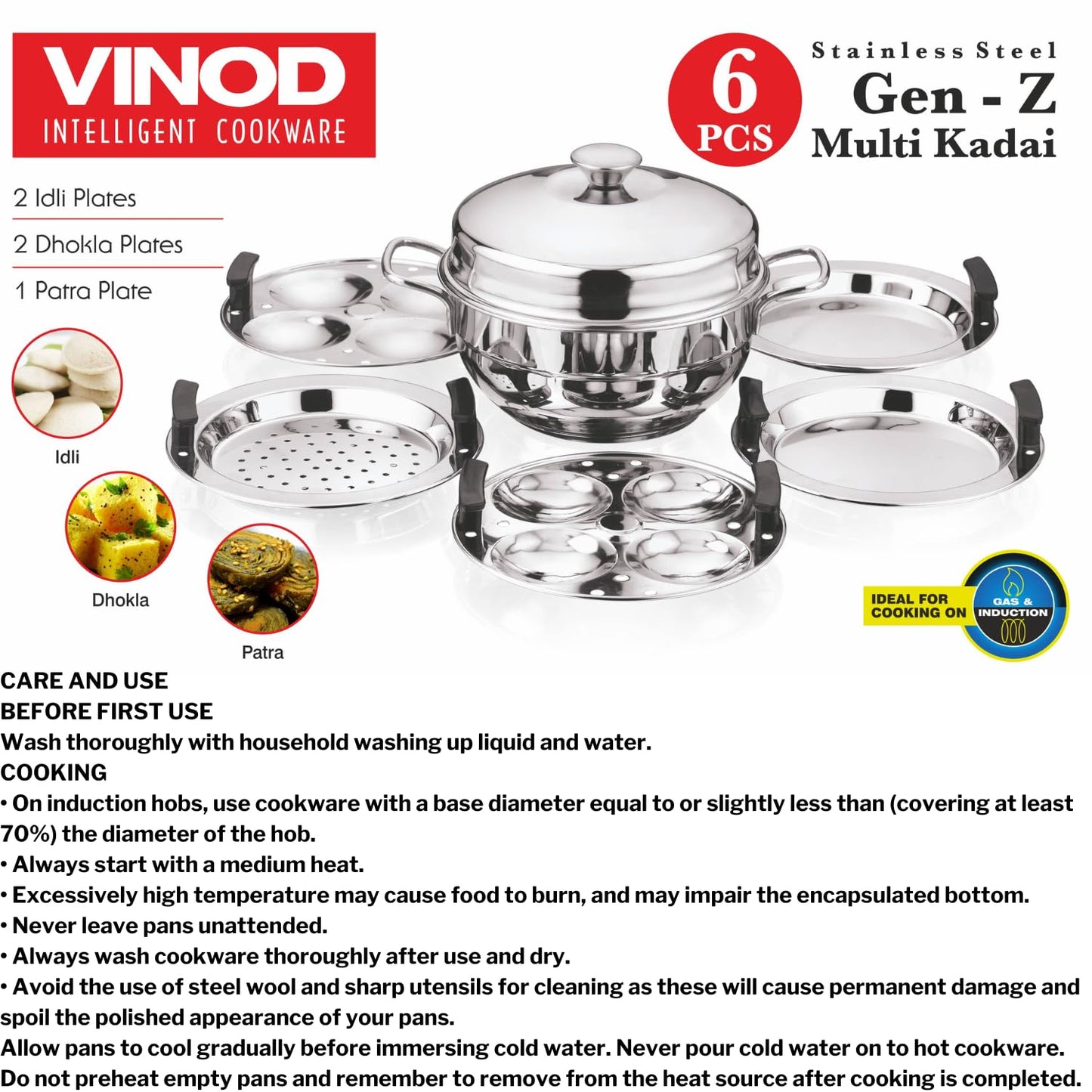 Vinod Gen-Z 1 liter Stainless Steel Multi Kadai with 6 Plates - 19 cm| 2 Idli, 2 Dhokla and 1 Patra Plate | All In One Multi Purpose Kadhai | Induction and Gas Base | Small - 2 Year Warranty