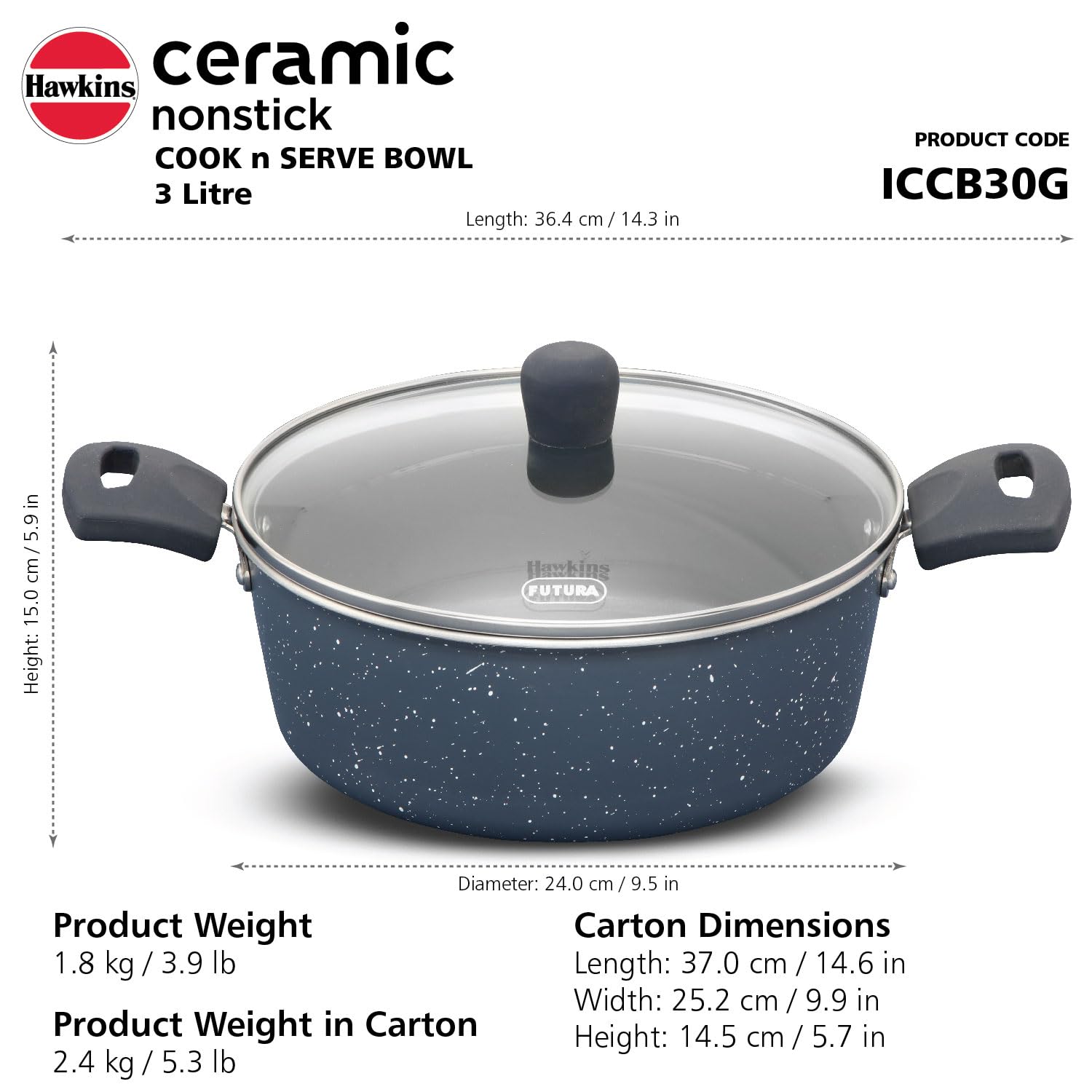 Hawkins Ceramic Nonstick Cook n Serve Bowl with Glass Lid, 3 Litre, Induction Pot, Granite Casserole (ICCB30G)