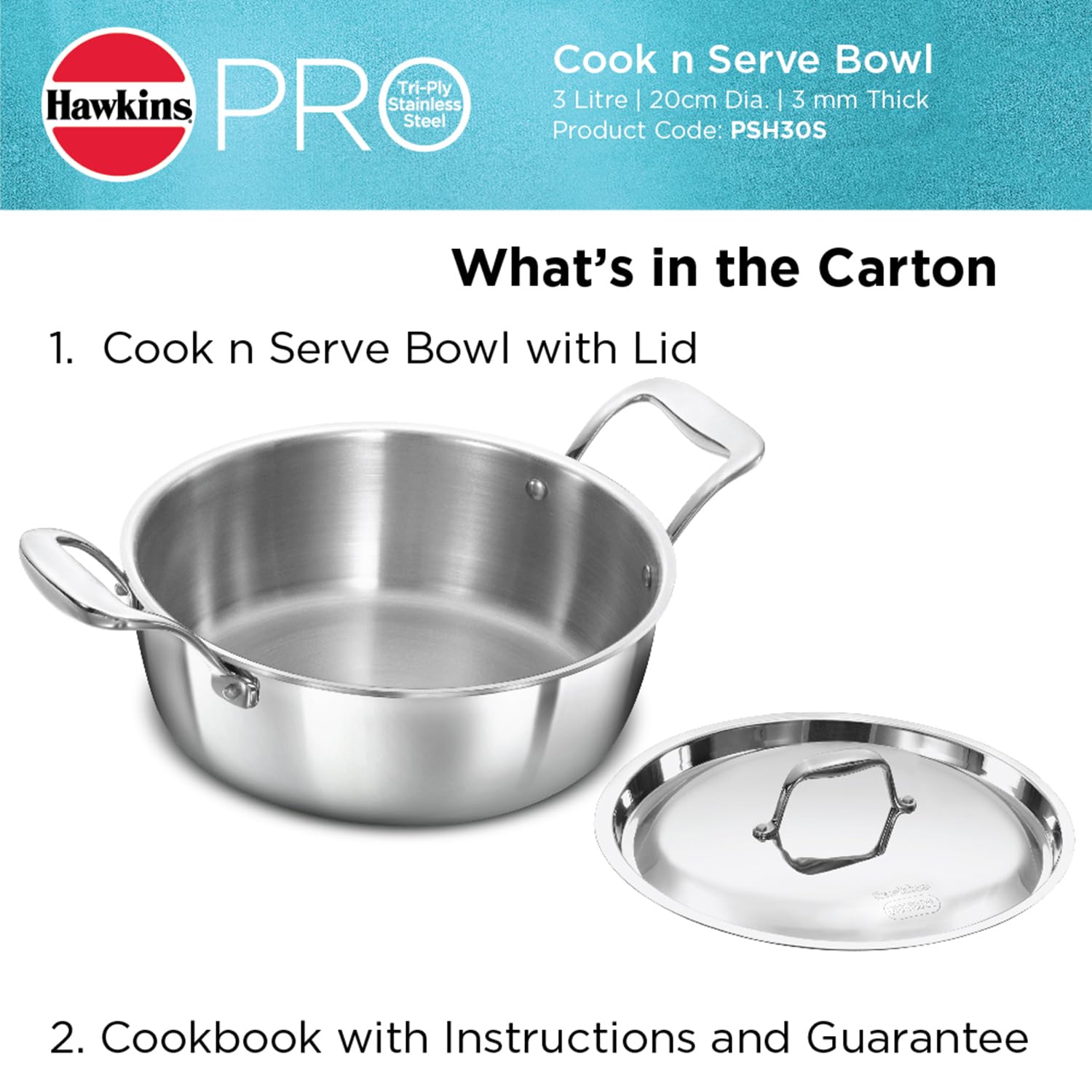 Hawkins 3L Pro Triply Stainless Steel Cook N Serve Bowl with Steel Lid, Silver (PSC30S)