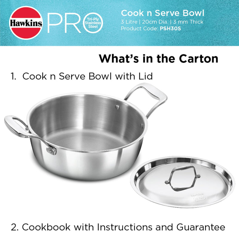 Hawkins 3L Pro Triply Stainless Steel Cook N Serve Bowl with Steel Lid, Silver (PSC30S)