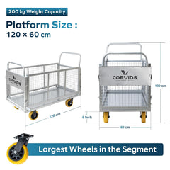 Corvids 200 Kg Heavy-Duty Mild Steel Cage Platform Trolley | 2-Year Warranty | 6-Inch TPR Wheels, Dual Handles | Industrial Material Handling Cart for Warehouse, Factory, Store, Hotel & Home