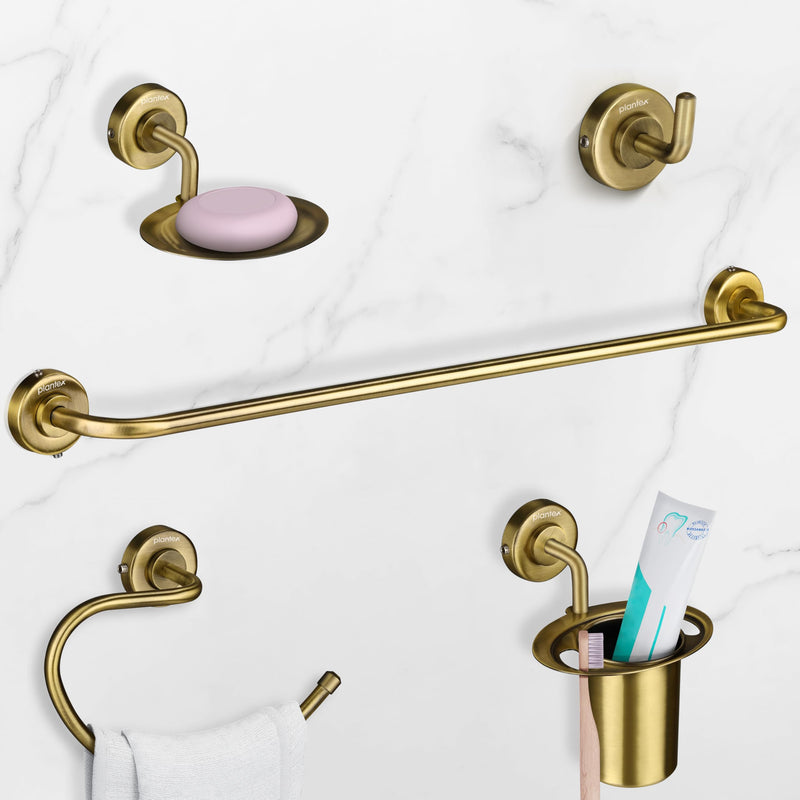 Plantex 304 Grade Stainless Steel Bathroom Accessories Set of 5 - Towel Rod/Hand Napkin Hanger for Wash Basin/Soap Case/Toothbrush Holder/Robe Hook - Daizy (Brass Antique)-1