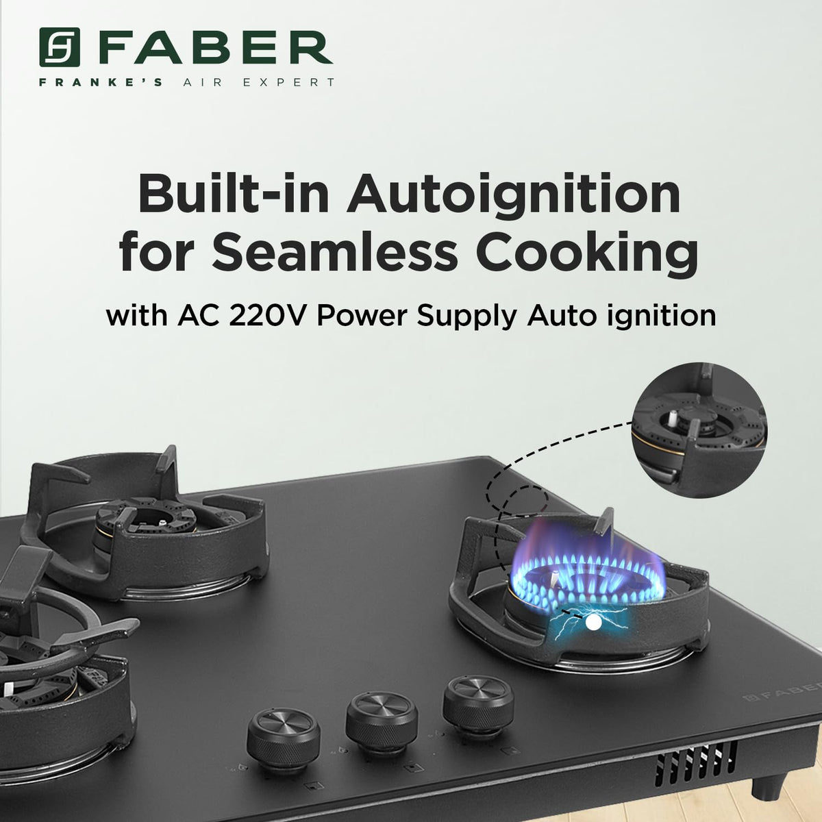 Faber Della 3 Burner 72Cm Hob |Auto Ignition|Brass Burner| Cast Iron Pan Support |Hob/Cooktop Hybrid| Matt Black Glass F