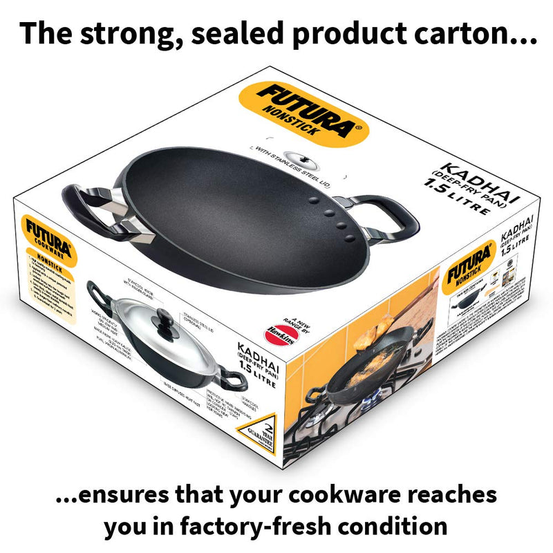 Hawkins Futura 1.5 Litre Deep Fry Pan, Non Stick Kadai with Stainless Steel Lid, Round Bottom Kadhai, Small Non Stick Kadai, Black (NK15S)