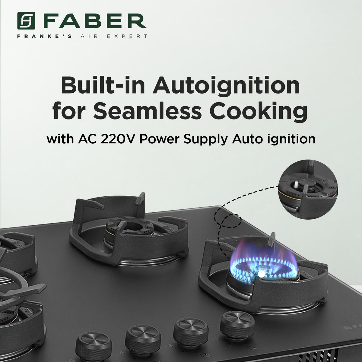 Faber Della 4 Burner 78cm Hob |Auto-Ignition|Brass Burner| Cast Iron Pan Support |Hob/Cooktop Hybrid| Matt Black Glass F