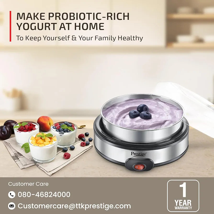 Prestige Electric Yoghurt Maker with Storage Lid| Stainless Steel Inner Pot| Low Energy Consumption| 360 Degree Uniform Heating| PYM 02