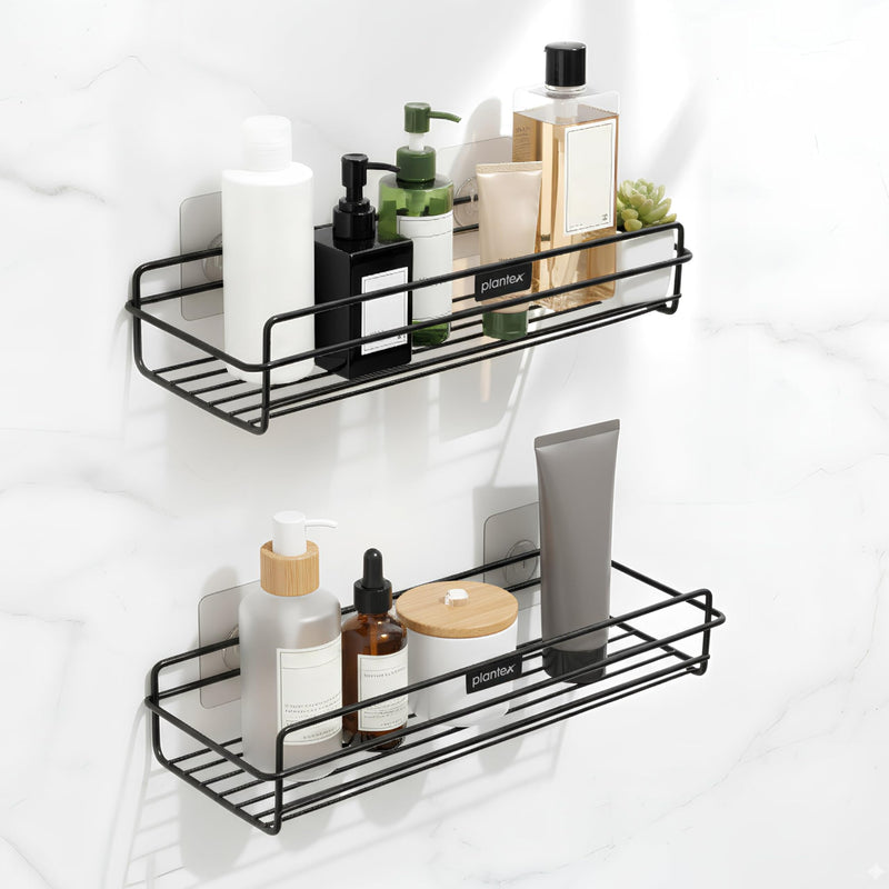 Plantex Self Adhesive Bathroom Shelf Rack/Bathroom Organiser Without Drill//GI-Steel Shelf for Kitchen with Magic Stickers/Bathrooms Accessories - Pack of 2 (12x5 Inches, Black)-1
