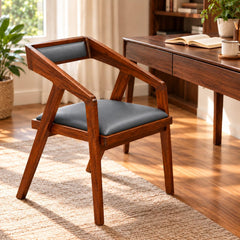Solid Sheesham Wood Cafe Arm Chair with Grey Upholstered Seat, Modern Wooden Accent Chair for Living Room and C